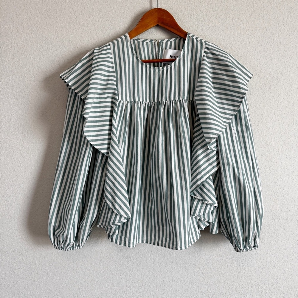 Pistola Women's Kaelynn Green Striped Ruflle Puff Sleeve Top Size Small